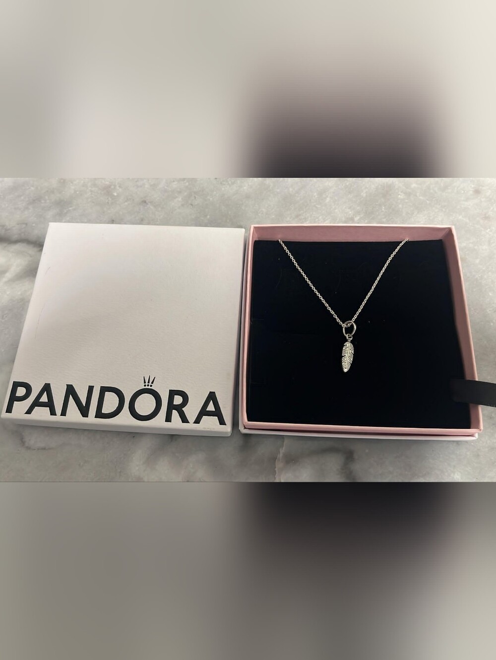 Pandora Silver Feather Charm Necklace with Delicate Chain